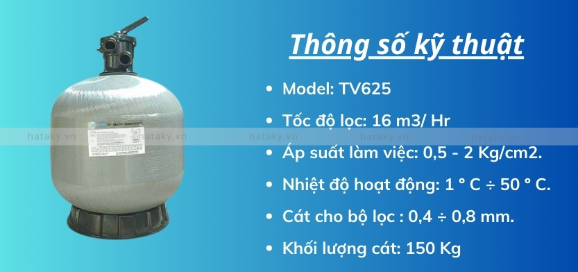 Bình lọc cát TV625 2 Thông số kỹ thuật của bình lọc cát TV625